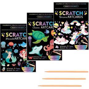 wxfhtda 3 Set Magic Scratch Paper Art for Kids, Rainbow Scratch Off Craft Painting Book Off Art Crafts with 3 Scratch Pen, Colorful Magic Drawing Book for Birthday Christmas Party Games Projects Kits