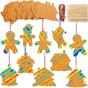 80 Sets 8 Styles Magic Color Scratch Green Christmas Tree Ornaments 5.1 Inches Christmas Crafts Kits Rainbow Scratch Ornaments for Activities Winter Season Party Favors (House)