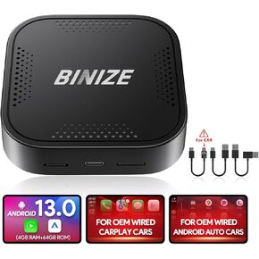 Binize Wireless CarPlay Android AUTO Multimedia Video Box 4G Cellular,4GB+64GB,8Core,Android System,Built-in Navigation,Support SIM&TF Card Bluetooth Only Support Car with OEM Wired CarPlay