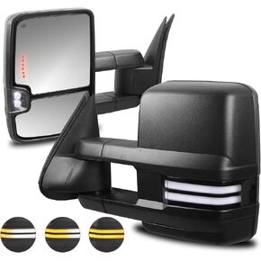Towing Mirrors Power Heated Compatible for 2003-2006 Chevy GMC Yukon Serria Silverado Tahoe Suburban w/Sequential Turn Signal Reverse Light White Running Light Side Mirrors 2 PCS (Black)