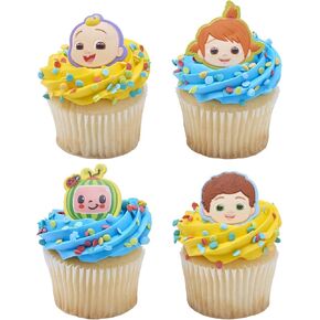 CoComelon Playtime Rings | 24 Cupcake Toppers Featuring JJ, YoYo & TomTom | DecoPac CoComelon Cake Decorations, Food Safe & Ready To Use - 24 Pack