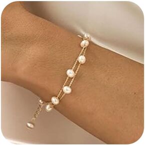 Gold Pearl Bracelets for Women Trendy 18K Gold Plated Bracelets Dainty Pearls Beaded Chain Charm Pearl Bracelets Simple Jewelry for her