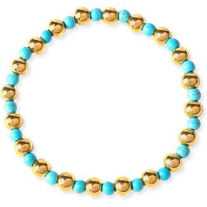 Lolo's Jewelry Turquoise Gold Beaded Bracelet for Women Men, Waterproof Non Tarnish Gold Jewelry & Turquoise Bracelet for Women Men, 6.5" Elastic Gold Bead Bracelet Stackable for Everyday Use, Jasmine
