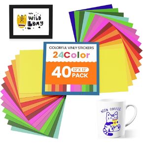 Permanent Adhesive Vinyl Sheets for Cricut- 40 Packs Vinyl Sheets (12’’x12’’,24 Matte Colors) Permanent Vinyl Set for Cutting Machine,Craft Cutter,Deco Sticker