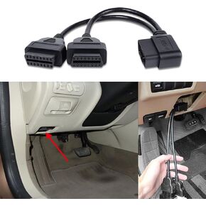 OBD Splitter Adapter, Right Angle 30cm/12 OBD II Splitter Extension Cable Male to Dual Female Y Cable, 16 Pin Cable Male to Dual Female Cord Adapter