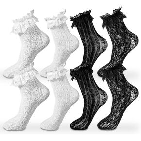 4 Pairs lace ruffle socks Lace Socks for Women Ankle Ruffle,White Black Mesh Coquette Socks Lace Ruffle Socks Lolita Socks Cute Trendy Socks Dress Socks for Girls in Saudi Arabia