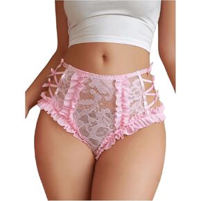 SHENHE Women's Sheer Lace Brief Criss Cross Bow Panty Ruffle Frill Trim High Waisted Underwear