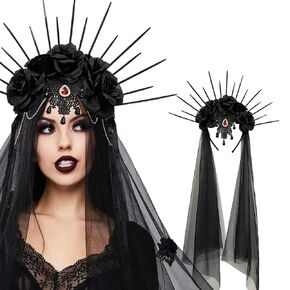 Gothic Halo Crown Flower Headband with Black Veil Sunburst Spike Crown Headpiece for Women Girls Halloween Costume Hair Accessory