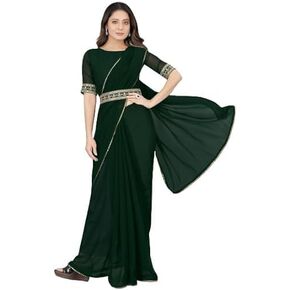 ساري نسائي من جورجيت سادة ذو ملابس عرقية جميلة مع قطعة بلوزة غير مخيطة (S_F_45765685_Green)