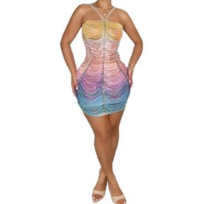 Vaceky Women's Rhinestone Mini Dress Sexy Bodycon Backless Colorful Mesh Birthday Dresses