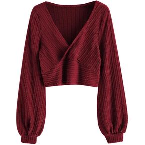 ZAFUL Women's Pullover Ribbed Cropped Knitwear Drawstring Ruched Knitted Crop Top Solid V-Neck Long Sleeve T-Shirt