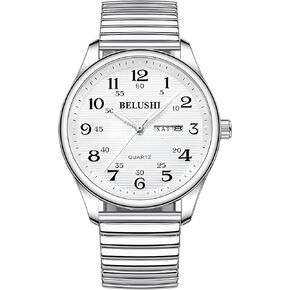 Gosasa Easy-to-Read Quartz Watch for Seniors, Large Numerals, Calendar, 30m Water Resistance, Stainless Steel Stretch Band