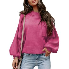 EVALESS Women's 2024 Lantern Long Sleeve Crewneck Sweater Casual Solid Color Ribbed Hem Knitwear Pullover Cropped Tops