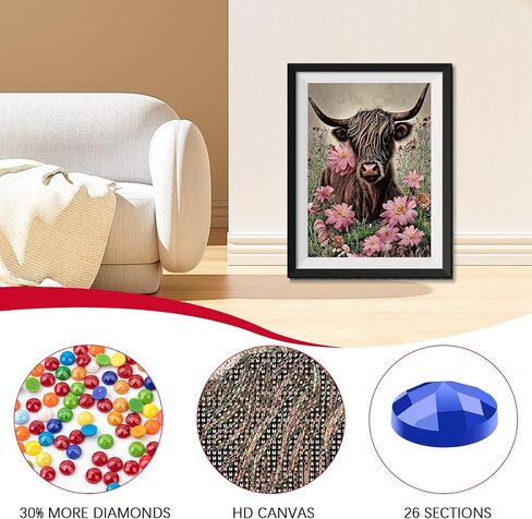 MVVMTOP 5D Diamond Painting Kits for Adults Highland Cow and Flower Diamond Art Kits, Full Drill DIY Crystal Rhinestone Paintings for Home Wall Decor, 12x16 Inches in Saudi Arabia