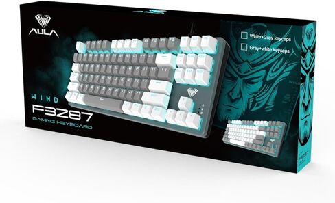 لوحة مفاتيح الألعاب الميكانيكية AULA F3287 السلكية TKL Rainbow، 80% مدمجة بدون مفتاح 87 مفتاحًا مع مفاتيح زرقاء تعمل باللمس، أغطية مفاتيح متعددة الألوان باللونين الأبيض والرمادي، مفاتيح ماكرو قابلة للبرمجة in Kuwait