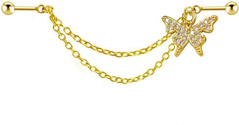 16G Gold Chain Industrial Piercing Jewelry for Women Stainless Steel Industrial Barbell Earrings Double Piercing Cartilage Helix Conch Earrings Body Piercing Jewelry in Saudi Arabia
