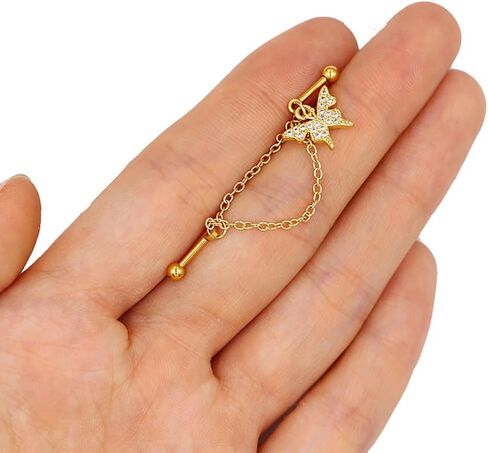 16G Gold Chain Industrial Piercing Jewelry for Women Stainless Steel Industrial Barbell Earrings Double Piercing Cartilage Helix Conch Earrings Body Piercing Jewelry in Saudi Arabia