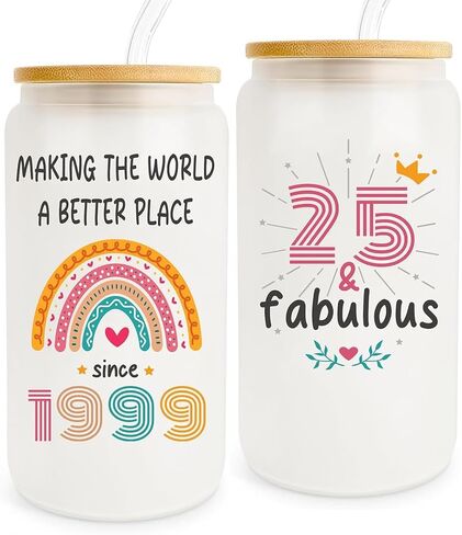 Vivulla68 25th Birthday Gifts For Her Him, Gift For 25 Year Old Female, Best Gifts For 25 year Old Woman Man, 25th Birthday Gift Ideas, 1999 Gifts, 25 Birthday, 25th Frosted Glass With Lid And Straw in Saudi Arabia