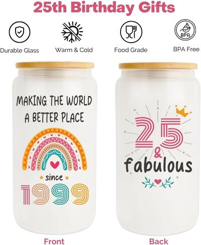 Vivulla68 25th Birthday Gifts For Her Him, Gift For 25 Year Old Female, Best Gifts For 25 year Old Woman Man, 25th Birthday Gift Ideas, 1999 Gifts, 25 Birthday, 25th Frosted Glass With Lid And Straw in Saudi Arabia