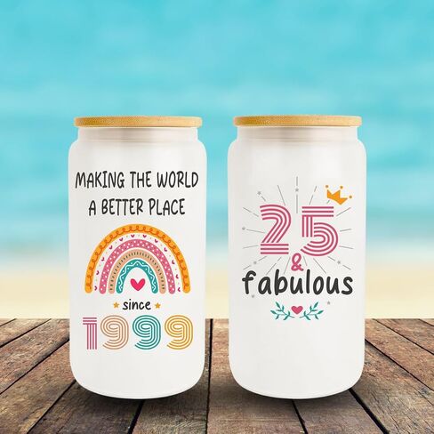 Vivulla68 25th Birthday Gifts For Her Him, Gift For 25 Year Old Female, Best Gifts For 25 year Old Woman Man, 25th Birthday Gift Ideas, 1999 Gifts, 25 Birthday, 25th Frosted Glass With Lid And Straw in Saudi Arabia