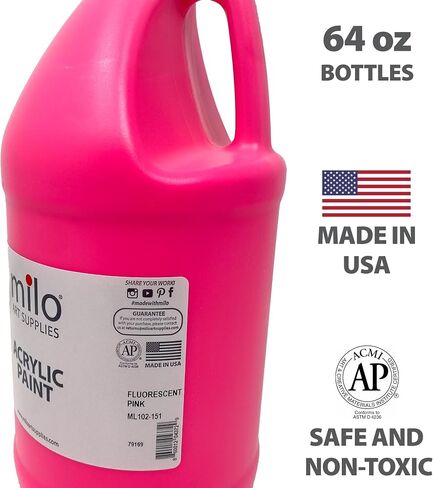 milo Fluorescent Pink Neon Acrylic Paint | 64 oz Bottle Half Gallon | Glows UV in Black Light | Non-Toxic Made in USA | Bulk Art Paint for Party, Student, Classroom, Artist in Kuwait