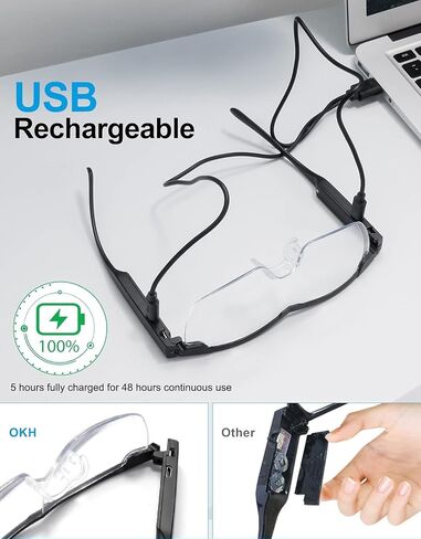 نظارات مكبرة بنسبة 200% من OKH مع ضوء، نظارات تكبير مضاءة بإضاءة LED قابلة لإعادة الشحن، نظارات مكبرة بدون استخدام اليدين للعمل عن قرب، والحرف اليدوية، والمجوهرات، والقراءة، والهوايات in Kuwait