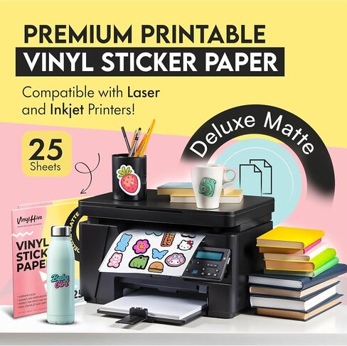 Premium Printable Vinyl Sticker Paper for Inkjet Printer - 25 Sheets Matte White Waterproof Self-Adhesive Sheets 8.5x11 Inches, Dries Quickly Vivid Colors, Inkjet & Laser Printer in Saudi Arabia