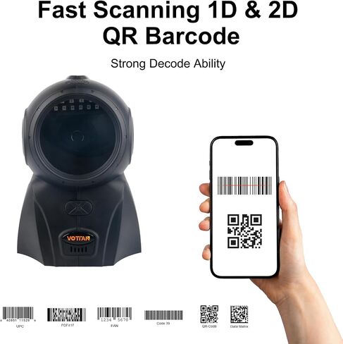VOTTAN Automatic Omnidirectional Barcode Scanner, USB Wired 1D 2D QR Code Scanner, Hands-Free Screen Scanning Desktop Barcode Reader for Supermarket, Retail Store, Library, Warehouse (Black) in Saudi Arabia