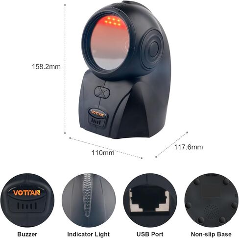 VOTTAN Automatic Omnidirectional Barcode Scanner, USB Wired 1D 2D QR Code Scanner, Hands-Free Screen Scanning Desktop Barcode Reader for Supermarket, Retail Store, Library, Warehouse (Black) in Saudi Arabia