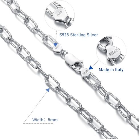 925 Sterling Silver Paper Clip Necklace 5.0mm Silver Paperclip Chain Necklace for Men Women Lobster Clasp 16 18 20 22 24 26 Inch Made in Italy in Kuwait