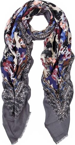 TrendsBlue Elegant Large Vintage Floral Design Frayed End Scarf Wrap - Diff Colors Avail in Saudi Arabia