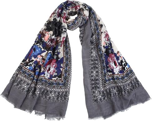 TrendsBlue Elegant Large Vintage Floral Design Frayed End Scarf Wrap - Diff Colors Avail in Saudi Arabia