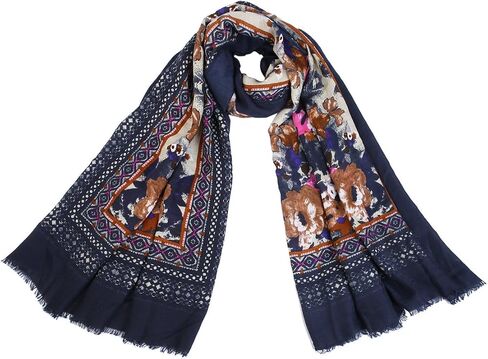 TrendsBlue Elegant Large Vintage Floral Design Frayed End Scarf Wrap - Diff Colors Avail in Saudi Arabia
