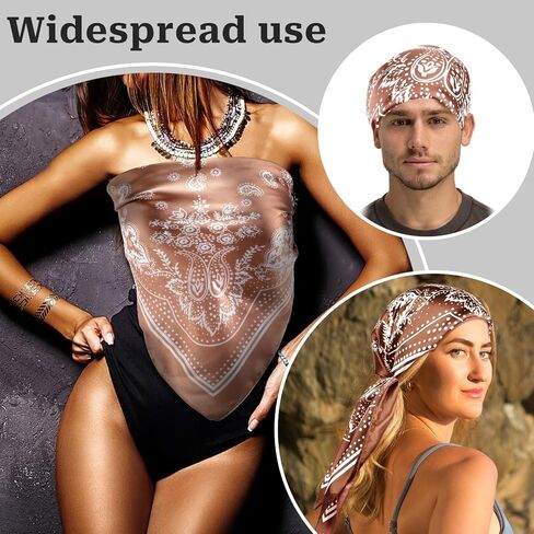 2 Pcs 27.5'' Large Bandanas Silk Square Head Scarfs Scarves Satin Head Scarf Hair Scarf Silk Head Scarf Silk Bandana Silk Hair Wrap Neck Scarf for Women Girls(Brown+Camel) in Saudi Arabia