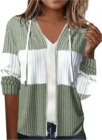 MakeMeChic Women's Two Tone Drawstring Front Jacket Coat Long Sleeve Zip Up Hoodie Tops Outerwear in Saudi Arabia