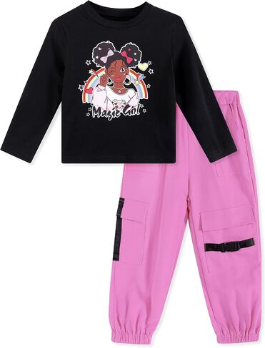Girls Clothes Fall Cute Pattern Black Long Sleeve Top Work Pants 2Pcs Little Girls Outfit Sets in Saudi Arabia
