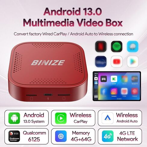 Binize Wireless CarPlay Android AUTO Multimedia Video Box 4G Cellular,4GB+64GB,8Core,Android System,Built-in Navigation,Support SIM&TF Card Bluetooth Only Support Car with OEM Wired CarPlay in Saudi Arabia