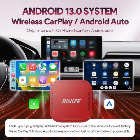 Binize Wireless CarPlay Android AUTO Multimedia Video Box 4G Cellular,4GB+64GB,8Core,Android System,Built-in Navigation,Support SIM&TF Card Bluetooth Only Support Car with OEM Wired CarPlay in Saudi Arabia