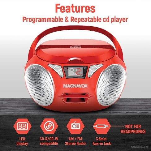 Magnavox MD6924 Portable Top Loading CD Boombox with AM/FM Stereo Radio in Black | CD-R/CD-RW Compatible | LED Display | AUX Port Supported | Programmable CD Player | in Saudi Arabia