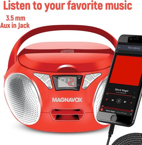 Magnavox MD6924 Portable Top Loading CD Boombox with AM/FM Stereo Radio in Black | CD-R/CD-RW Compatible | LED Display | AUX Port Supported | Programmable CD Player | in Saudi Arabia