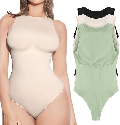 3 Packs Bodysuits for Women Tummy Control Thong Fashion Tank Tops Leotard High Neck Racerback with Snap Seamless in Saudi Arabia