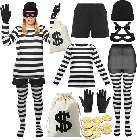 مجموعة أزياء السارق النسائية من يورزوم 27 قطعة تتضمن تي شيرت وحقائب وقناع العين لص الهالوين التنكرية in Kuwait