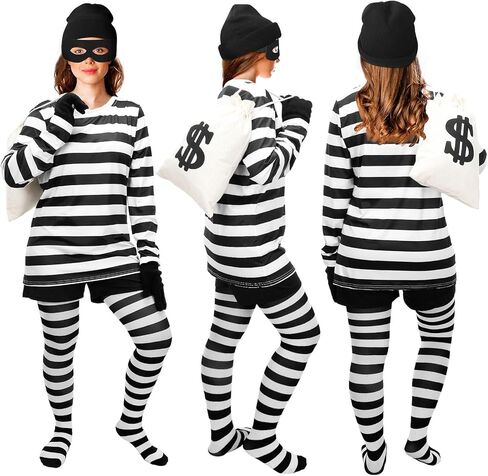 مجموعة أزياء السارق النسائية من يورزوم 27 قطعة تتضمن تي شيرت وحقائب وقناع العين لص الهالوين التنكرية in Kuwait