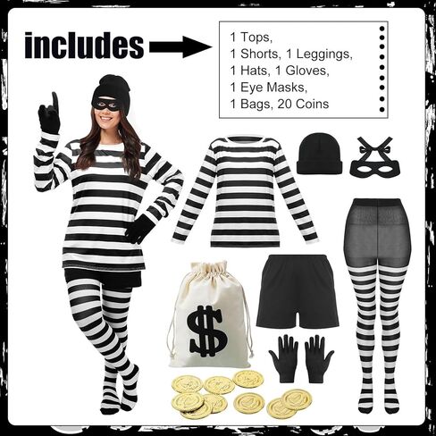 مجموعة أزياء السارق النسائية من يورزوم 27 قطعة تتضمن تي شيرت وحقائب وقناع العين لص الهالوين التنكرية in Kuwait