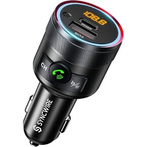 Syncwire Bluetooth 5.1 FM Transmitter for Car, 38W PD & QC3.0 Fast Car Charger Wireless Bluetooth FM Radio Adapter Bass Sound Music Player FM Car Kit with Hands-Free Calling