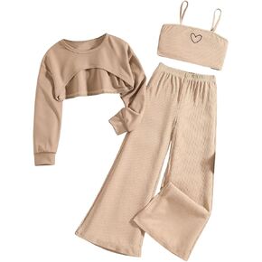 Girl's 3 Piece Outfits Heart Print Cami Crop Top Long Sleeve High Low Hem Top T Shirt and Wide Leg Pants Set