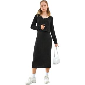 WDIRARA Girl's 2 Piece Rib Knit Outfits Open Front Long Sleeve Tops and Split Thigh Midi Cami Dress Set