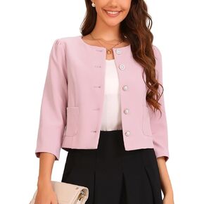 Allegra K Work Office Jacket for Women's 3/4 Sleeve Collarless Pockets Button Down Cropped Jackets