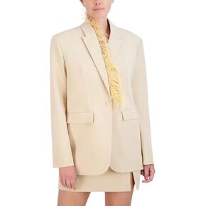 BCBGMAXAZRIA Women's Long Sleeve V Neck Blazer with Feather Trim