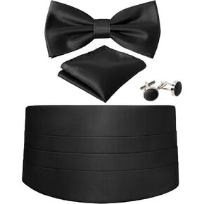طقم ربطة عنق وربطة عنق من Cummerbund بلون سادة قابل للتعديل للرجال رسمي أسود طقم أزرار أكمام وربطة عنق من Cumberbund ومربعات جيب